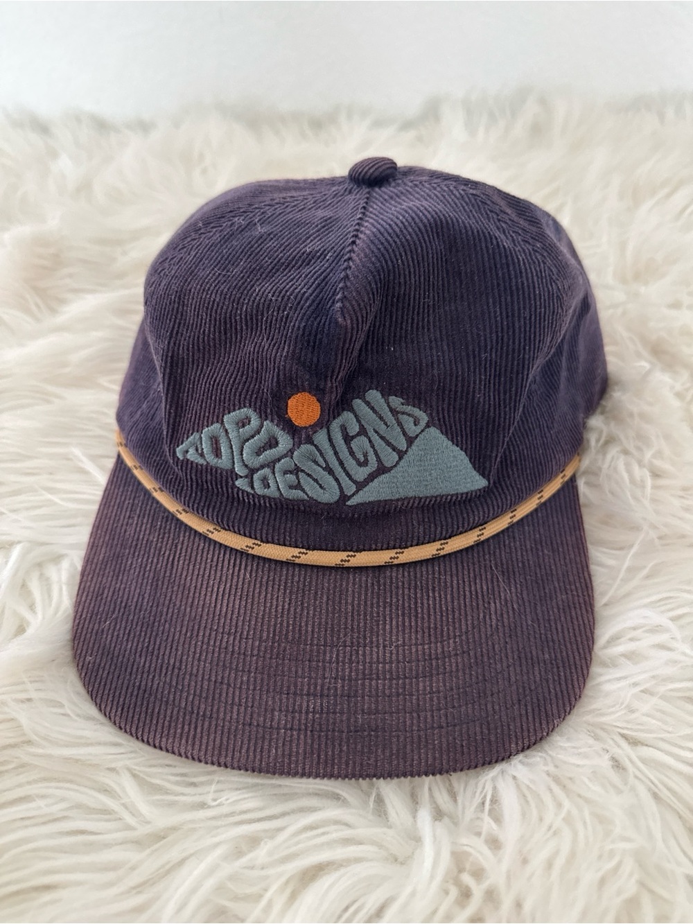 Topo Designs Purple Corduroy Cap with Light Blue Logo and Orange Accent